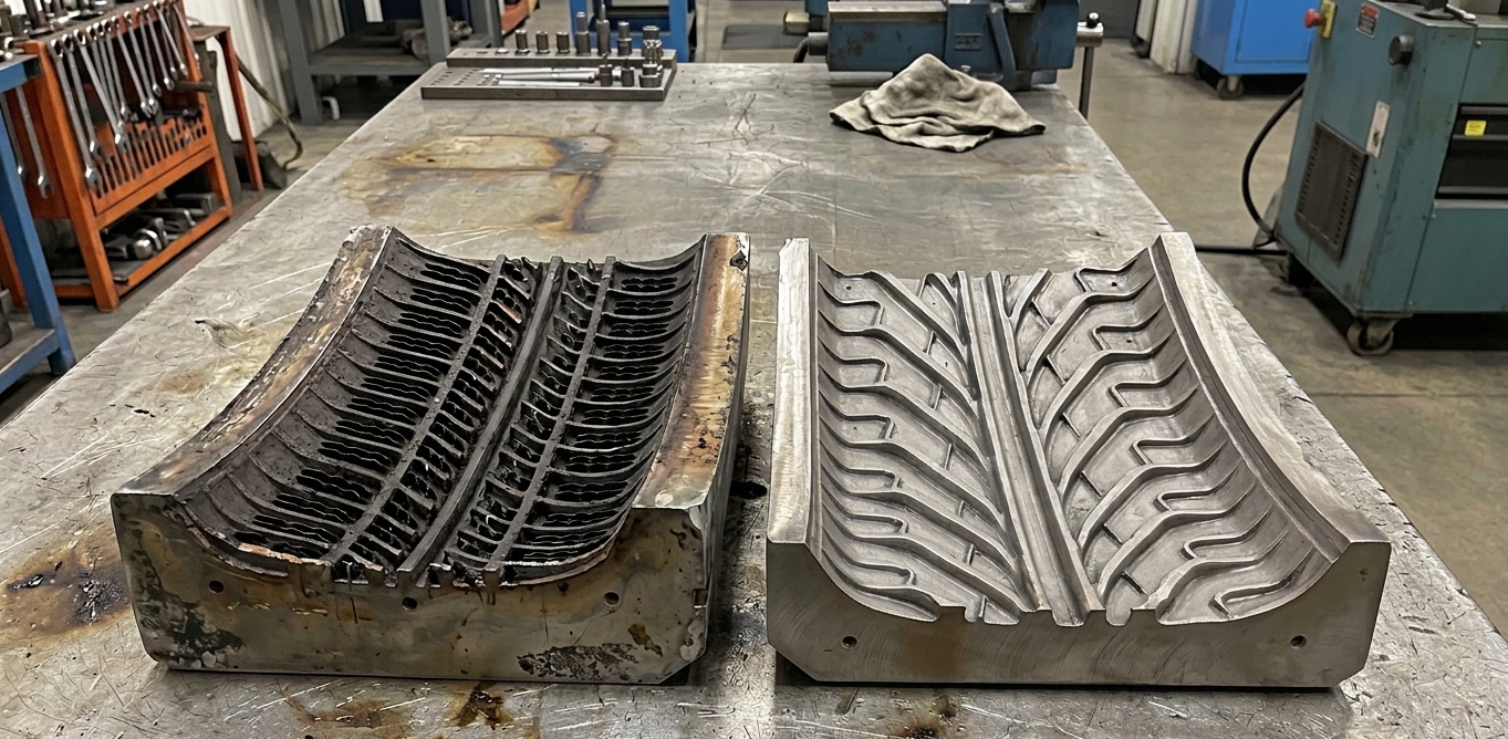 Tyre mold before and after precision laser cleaning — carbonised residue removed, geometry preserved